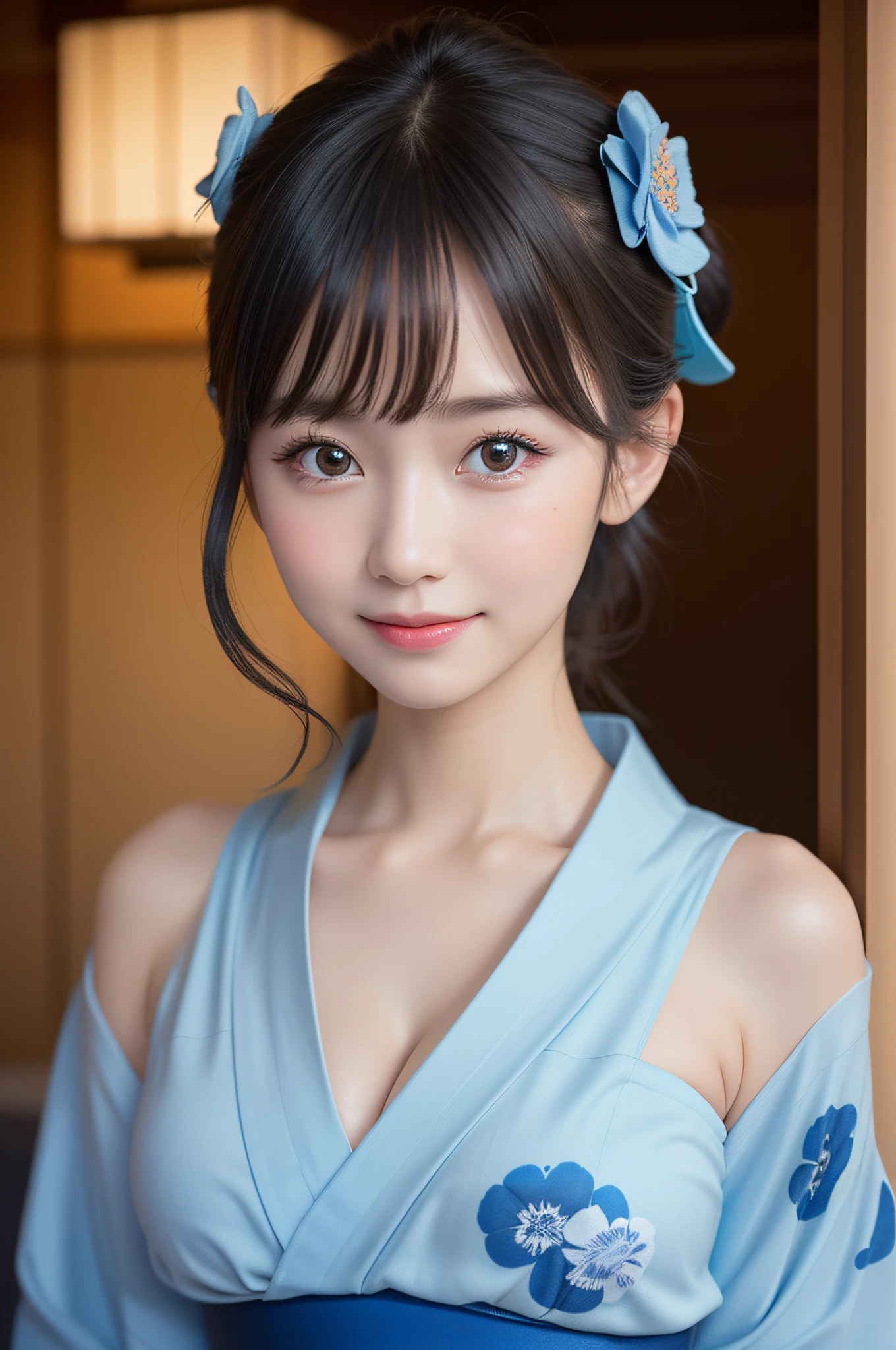 (1young girl), Extremely cute face, Amazing face and eyes, (Highly detailed eyes, Highly detailed face), fresh, Very clean appearance, (Hyper-realistic, hight resolution), (Best Quality:1.4), Raw photo, (Realistic, Photorealsitic:1.37), Professional Photography, (light blue floral pattern yukata:1.5), (Open yukata), (cleavage:1.2), (Bare shoulders), Smile slightly, (Staring at me), Bedroom, girl portrait,