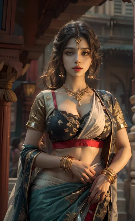 walking in a moonlit courtyard, exotic girl, indian, looking at the viewer, shining skin, perfect lighting, the embodiment of gr...