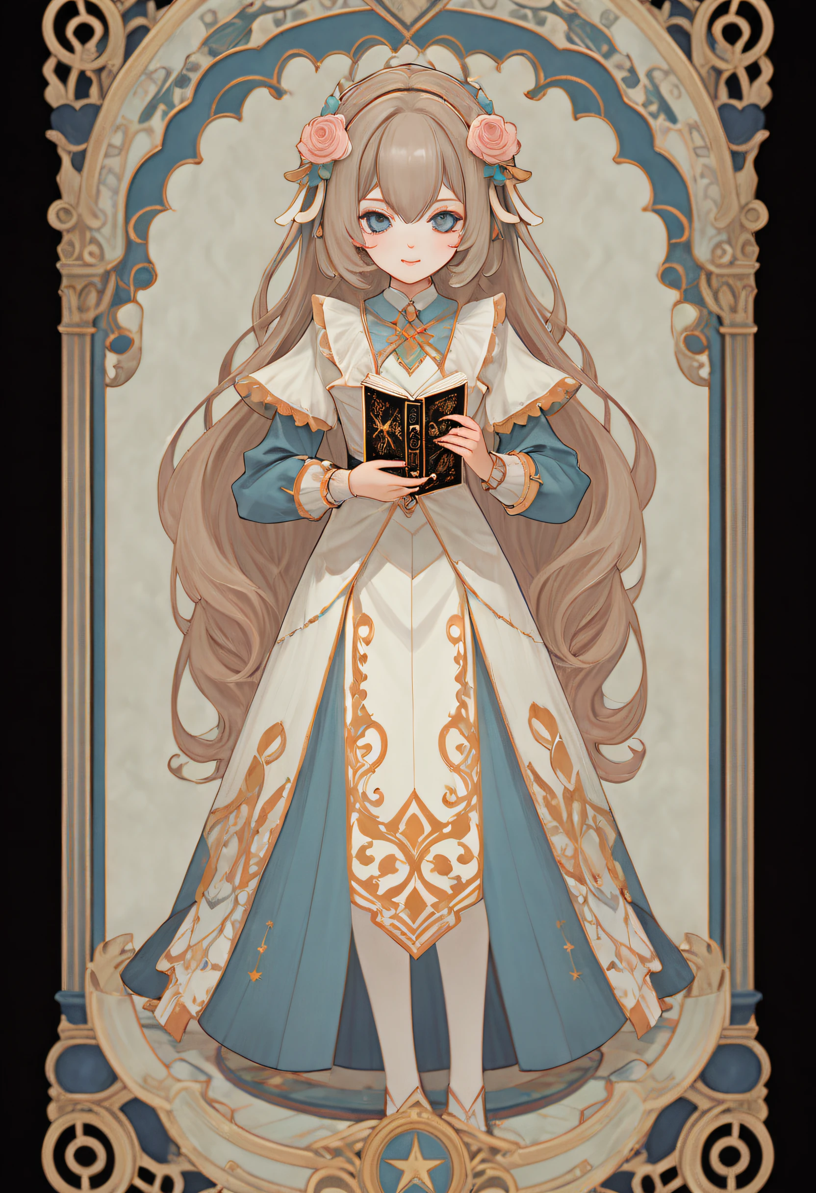 1 little girls, Holding a book, Lolita costume, Full body standing painting, (((独奏))), Clear facial features, Simple line design, ((tarot card background, symmetric beauty)), perfectly symmetrical, The art of symmetry, Standing drawings of characters, ((flatcolors)), tmasterpiece，top Quority，best qualtiy，超高分辨率, ((Clear facial features，beautidful eyes，beauitful face, Exquisite facial features))