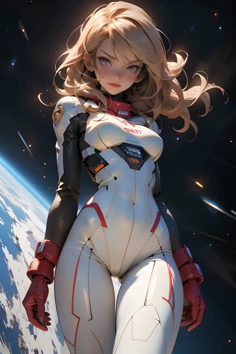 sandy hair fit body large breasts slender thighs slender waist pilot suit solo looking at viewer in space long hair blushing det...