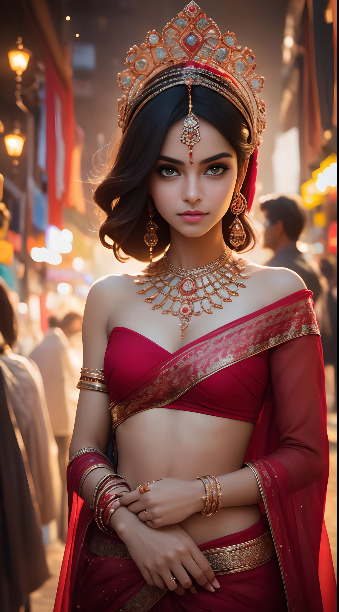In the bustling streets of a vibrant Indian city, amidst the kaleidoscope of colors and scents, a woman (((Selena Gomez:Emma Watson:0.7))) clad in a vibrant red saree and a black blouse becomes an ethereal sight that captivates all who lay eyes upon her. Her undeniable beauty transcends time and space, leaving onlookers spellbound.

Describe the scene as the woman, with her graceful presence, glides through a crowded marketplace, where merchants and shoppers pause to admire her radiance. The atmosphere is alive with whispers as her mesmerizing allure evokes a sense of awe and admiration.

Embark on a journey to reveal the woman’s story—her name, her background, her passions—and the reasons behind her choice of attire. Explore her persona, intertwining elements of mystery and allure, as people speculate on the secrets hiding behind her enchanting gaze.

Incorporate the sights, sounds, and emotions that surround this extraordinary woman, as she navigates through the city’s vibrant tapestry. Whether it be the scent of freshly ground spices, the distant sound of temple bells, or the intricate henna designs adorning her hands, immerse the reader in the sensory experience of this captivating moment.

As the story unfolds, her path intertwines with that of a curious photographer who becomes determined to capture her undeniable beauty in a single photograph. Describe their encounters, the photographer’s attempts to understand her story, and the profound impact this woman’s presence has on his own life.