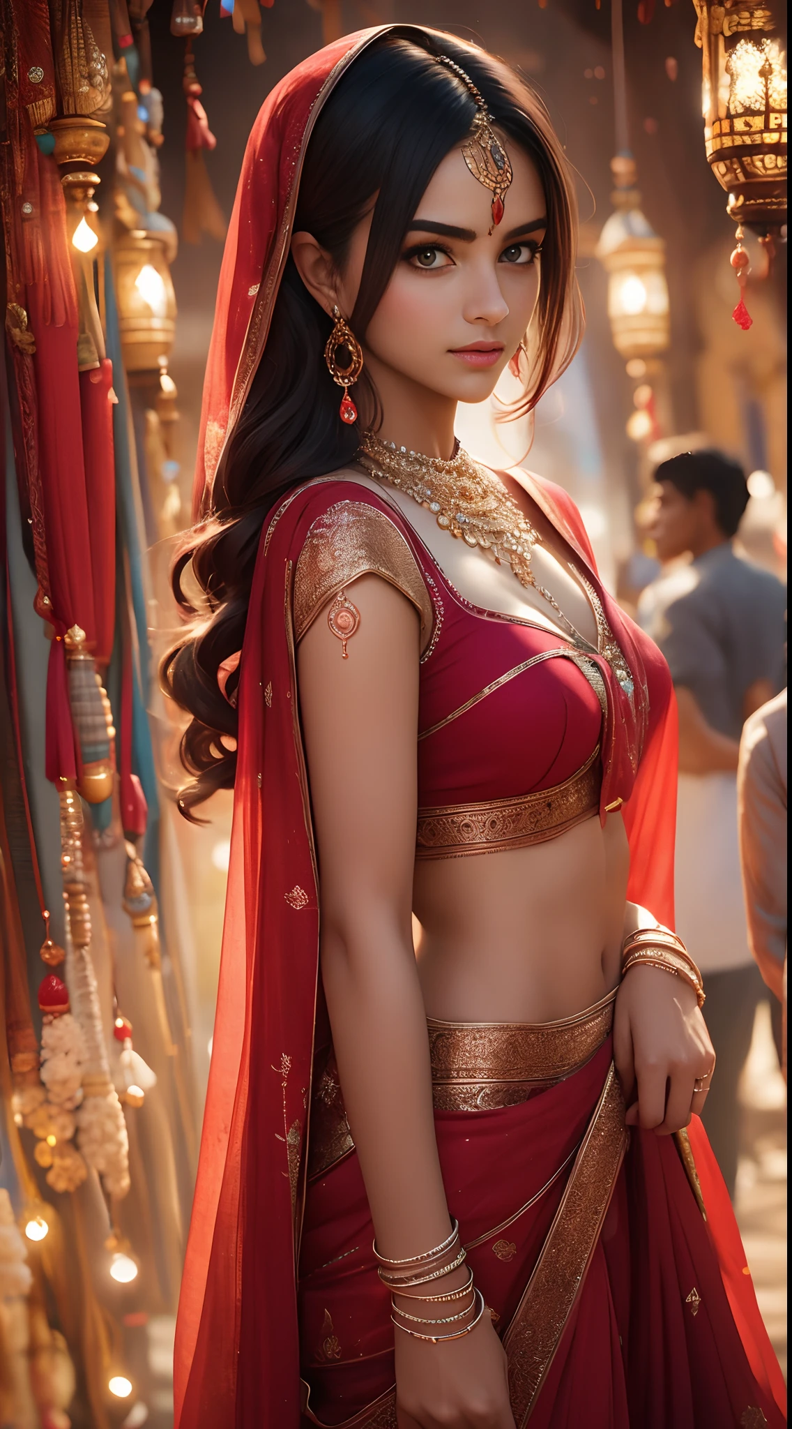 In the bustling streets of a vibrant Indian city, amidst the kaleidoscope of colors and scents, a woman (((Selena Gomez:Emma Watson:0.7))) clad in a vibrant red saree and a black blouse becomes an ethereal sight that captivates all who lay eyes upon her. Her undeniable beauty transcends time and space, leaving onlookers spellbound.

Describe the scene as the woman, with her graceful presence, glides through a crowded marketplace, where merchants and shoppers pause to admire her radiance. The atmosphere is alive with whispers as her mesmerizing allure evokes a sense of awe and admiration.

Embark on a journey to reveal the woman’s story—her name, her background, her passions—and the reasons behind her choice of attire. Explore her persona, intertwining elements of mystery and allure, as people speculate on the secrets hiding behind her enchanting gaze.

Incorporate the sights, sounds, and emotions that surround this extraordinary woman, as she navigates through the city’s vibrant tapestry. Whether it be the scent of freshly ground spices, the distant sound of temple bells, or the intricate henna designs adorning her hands, immerse the reader in the sensory experience of this captivating moment.

As the story unfolds, her path intertwines with that of a curious photographer who becomes determined to capture her undeniable beauty in a single photograph. Describe their encounters, the photographer’s attempts to understand her story, and the profound impact this woman’s presence has on his own life.