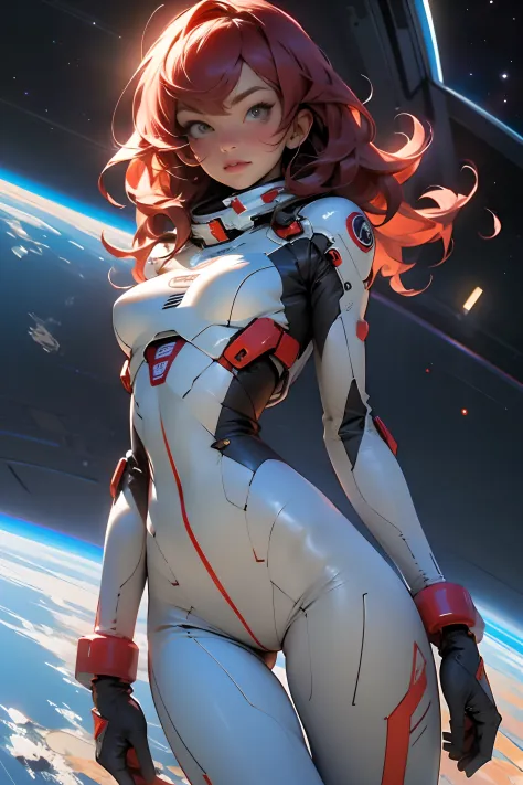 sandy hair fit body large breasts slender thighs slender waist pilot suit solo looking at viewer in space long hair blushing det...