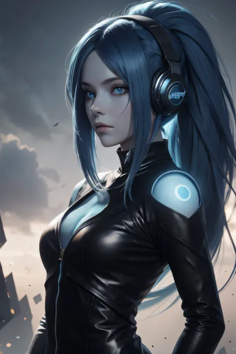 girl with long blue hair, blue eyes, futuristic vibes, mask on mouth, headphones, 8k, high quality, simple background, glowing e...