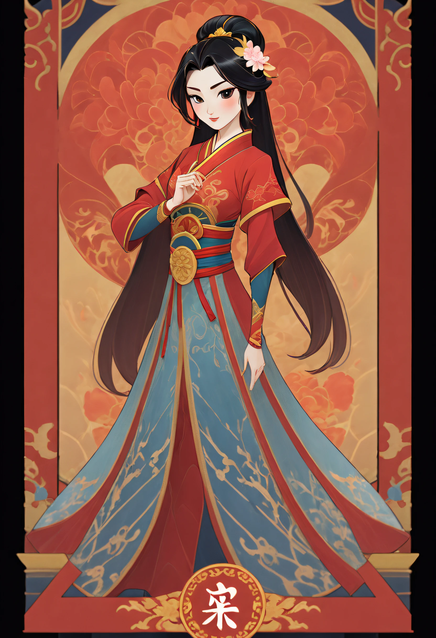 1girll, Mulan, Chinese general costumes, Full body standing painting, (((独奏))), Clear facial features, Simple line design, ((tarot card background, symmetric beauty)), perfectly symmetrical, The art of symmetry, Standing drawings of characters, ((flatcolors)), tmasterpiece，top Quority，best qualtiy，超高分辨率, ((Clear facial features，beautidful eyes，beauitful face, Exquisite facial features))