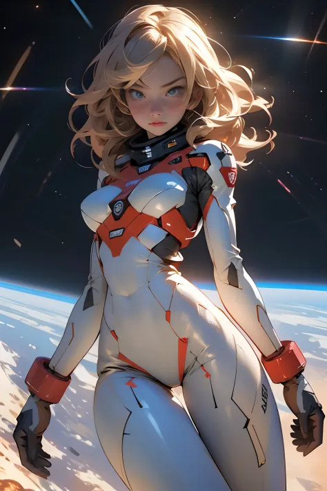 sandy hair fit body large breasts slender thighs slender waist pilot suit solo looking at viewer in space long hair blushing det...