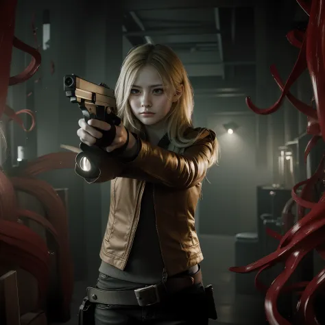 beautiful face, long blonde hair, glare expression, holding a gun