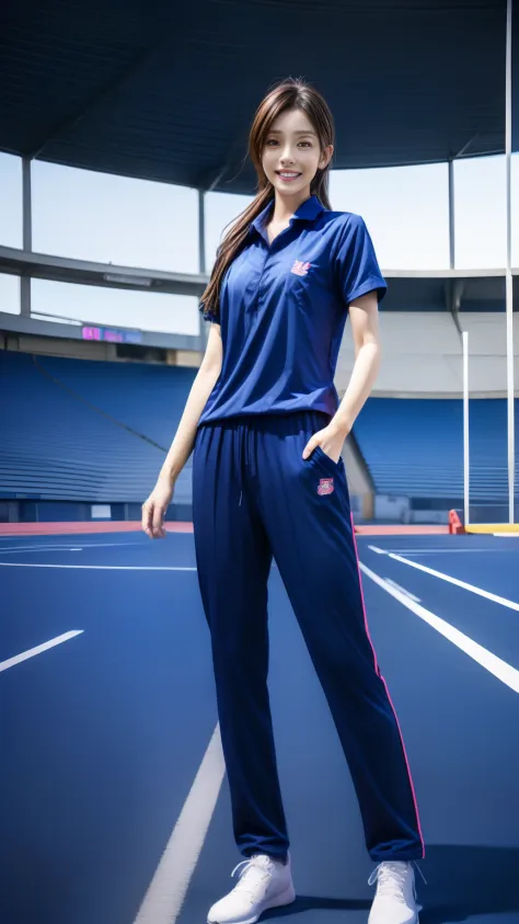(bestquality,10,10,highres,masterpiece:1.2),ultra-detail,(Realistic,photorealistic portrait,photo-realistic:1.37),1 Cute girl in the football field,oily shiny skin,bara,light smile,BDclothes,((blue shirt:1.3)),short sleeves,shirt, trousers.,(navy_long_Pant...