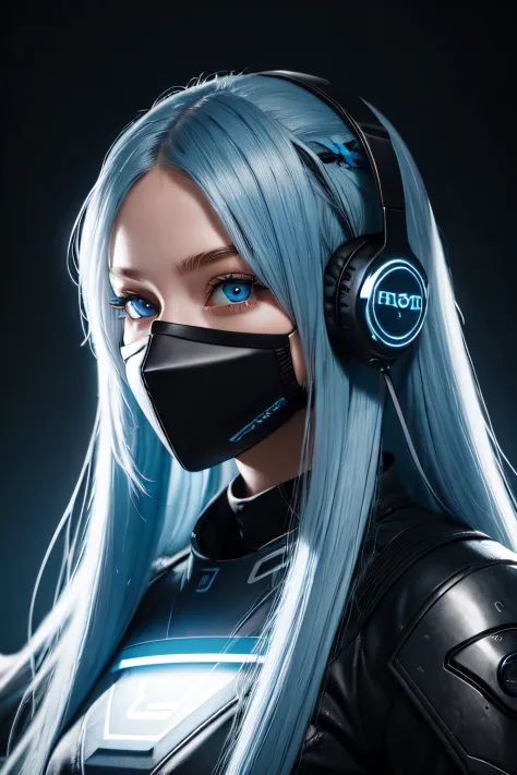 girl with long blue hair, blue eyes, futuristic vibes, mask on mouth, headphones, 8k, high quality, simple background, glowing eyes, nice pose