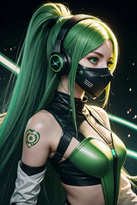 girl with long green hair, green eyes, futuristic vibes, mask on mouth, headphones, 8k, high quality, simple background, glowing eyes, nice pose
