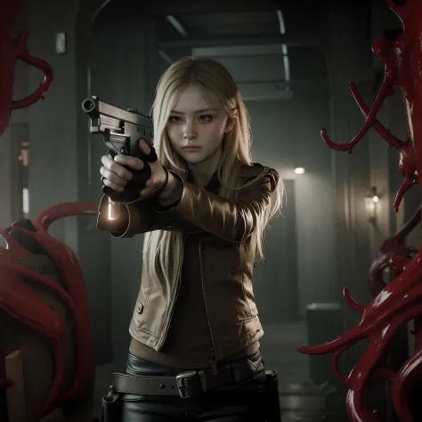 beautiful face, long blonde hair, glare expression, holding a gun, red slime , perfect face