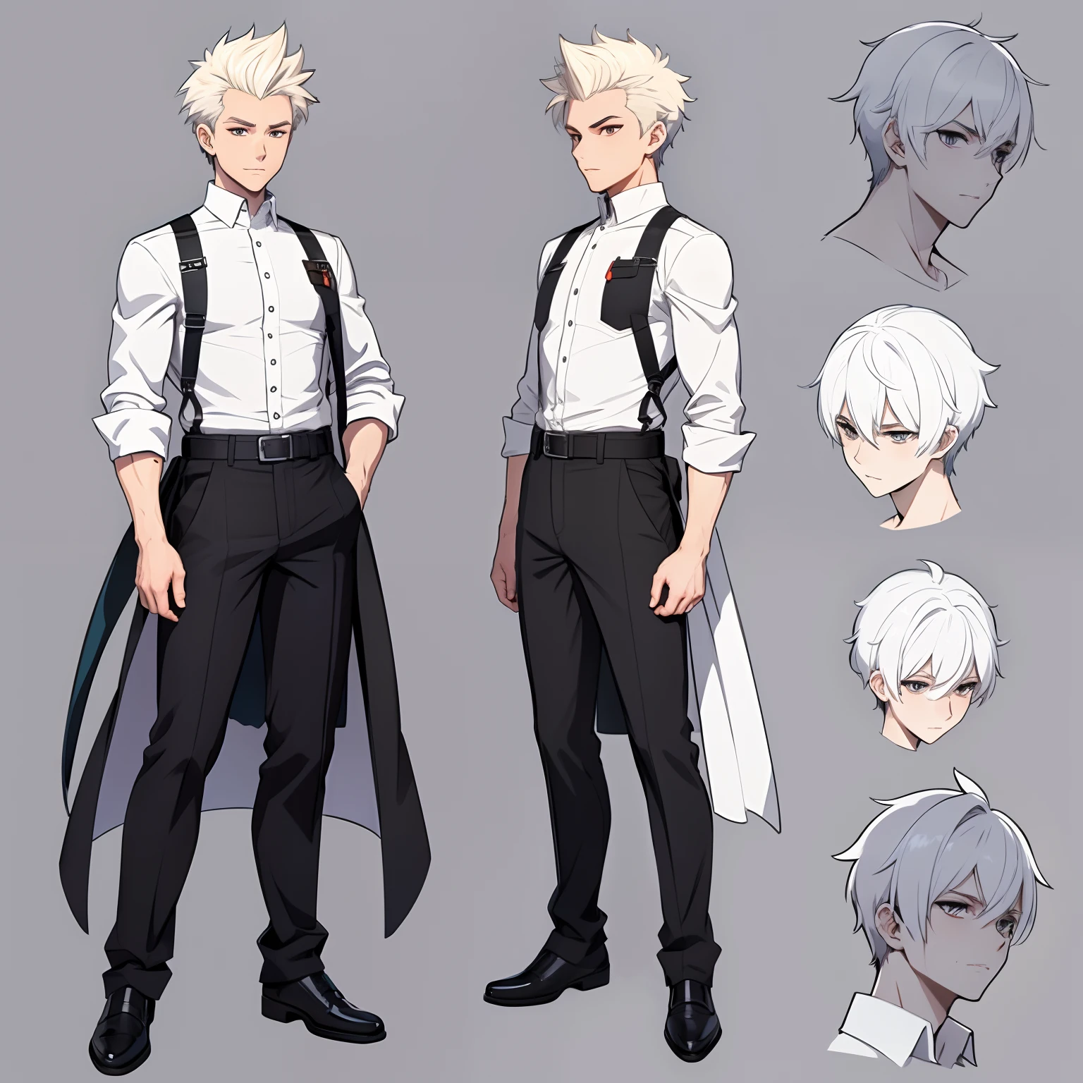 (character sheet:1.2),a 20 old boy , highlighted Fauxhawk hair,wearing white shirt,line art, character sheet detailed ,anime studio Style, standard quality, different angles, highly detailed body parts.,simple background,