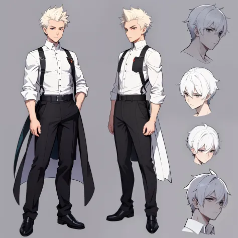 (character sheet:1.2),a 20 old boy , highlighted Fauxhawk hair,wearing white shirt,line art, character sheet detailed ,anime stu...