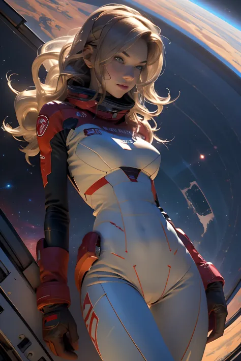 sandy hair fit body large breasts slender thighs slender waist pilot suit solo looking at viewer in space long hair blushing det...