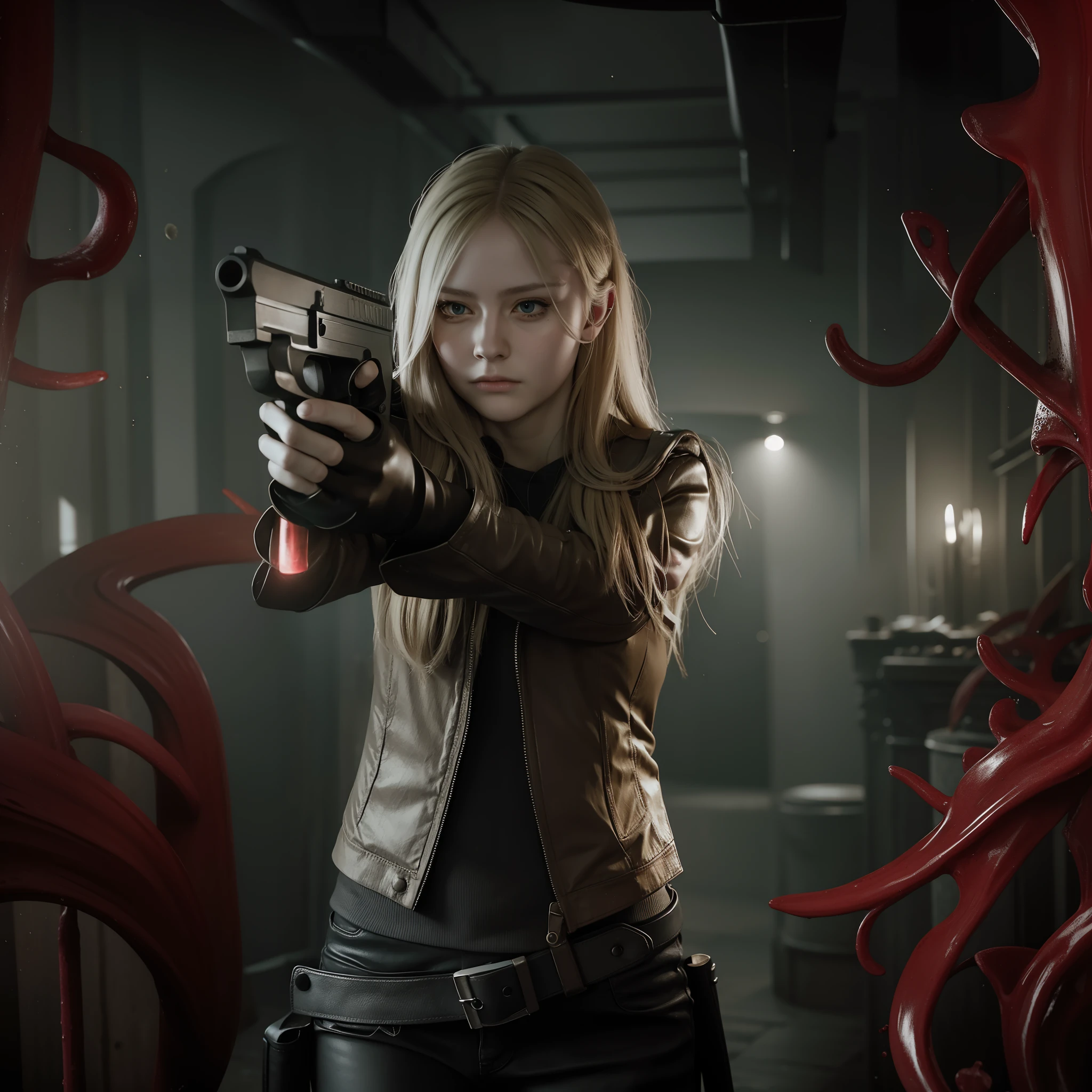 beautiful face, long blonde hair, glare expression, holding a gun, Red slime , perfect face, Wear black gloves