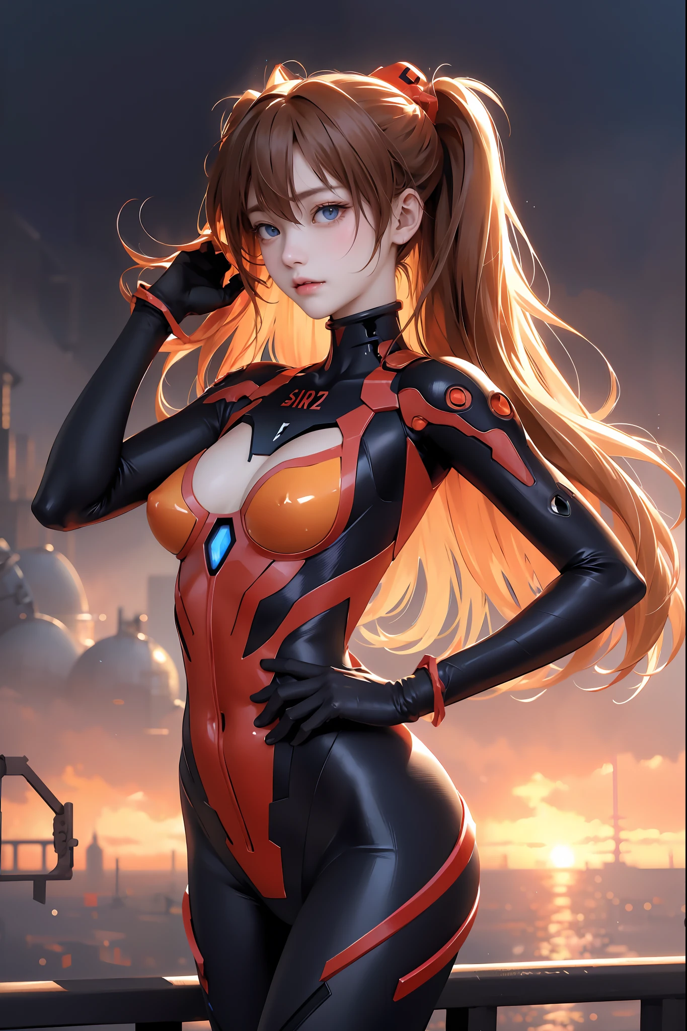 ultra - detailed、tmasterpiece、A masterpiece，top-quality、Ultra-high resolution、8k、high-level image quality、1girll，asuka langley souryuu（Shin Evangelion），（orange long hair：1.3，dual horsetail，red hairband，blue color eyes，eyes reflection，Detailed depiction of the face），（Full body combat suit（Shin Evangelion）：1.3，medium lim，long leges，Realistic action），（urban theme，beatiful background），cowboy lens