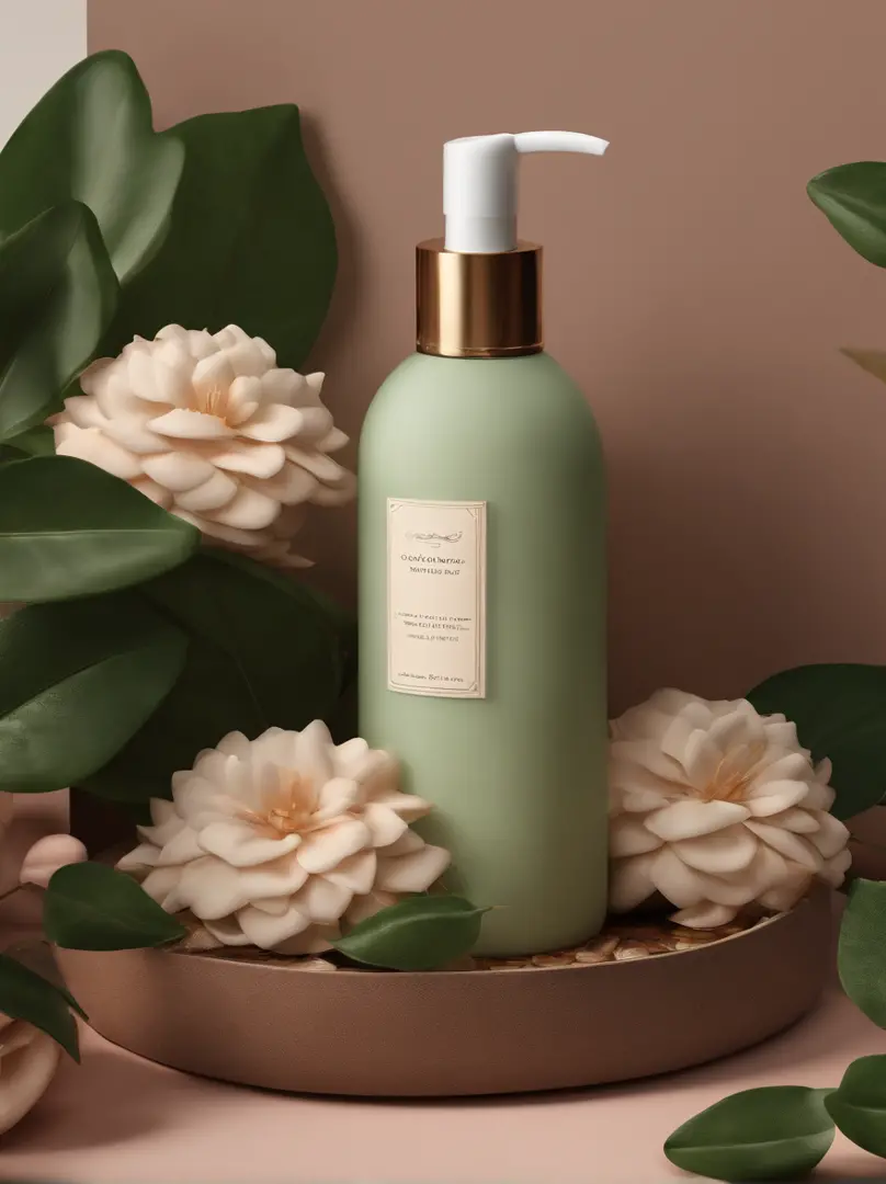 A bottle of body lotion surrounded by some flowers，Surrounded by complex greenery communities，OC rendering，Match the environment，exquisite curve，Expression mysterious，noble，𝓡𝓸𝓶𝓪𝓷𝓽𝓲𝓬