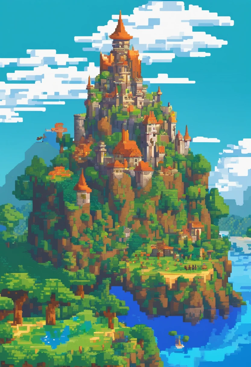 巨大的動物群, 背景是一座巨大的城堡, 它的兩側是周圍的小村莊, 在藍色的湖中央和多雲的天氣.
