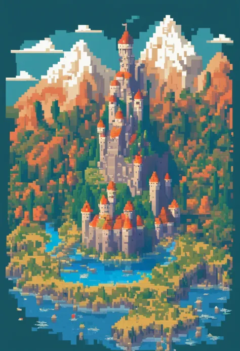 Enorme fauna, en el fondo un castillo enorme, On its sides are small villages that surround it, en medio un lago azul y el clima nubloso.