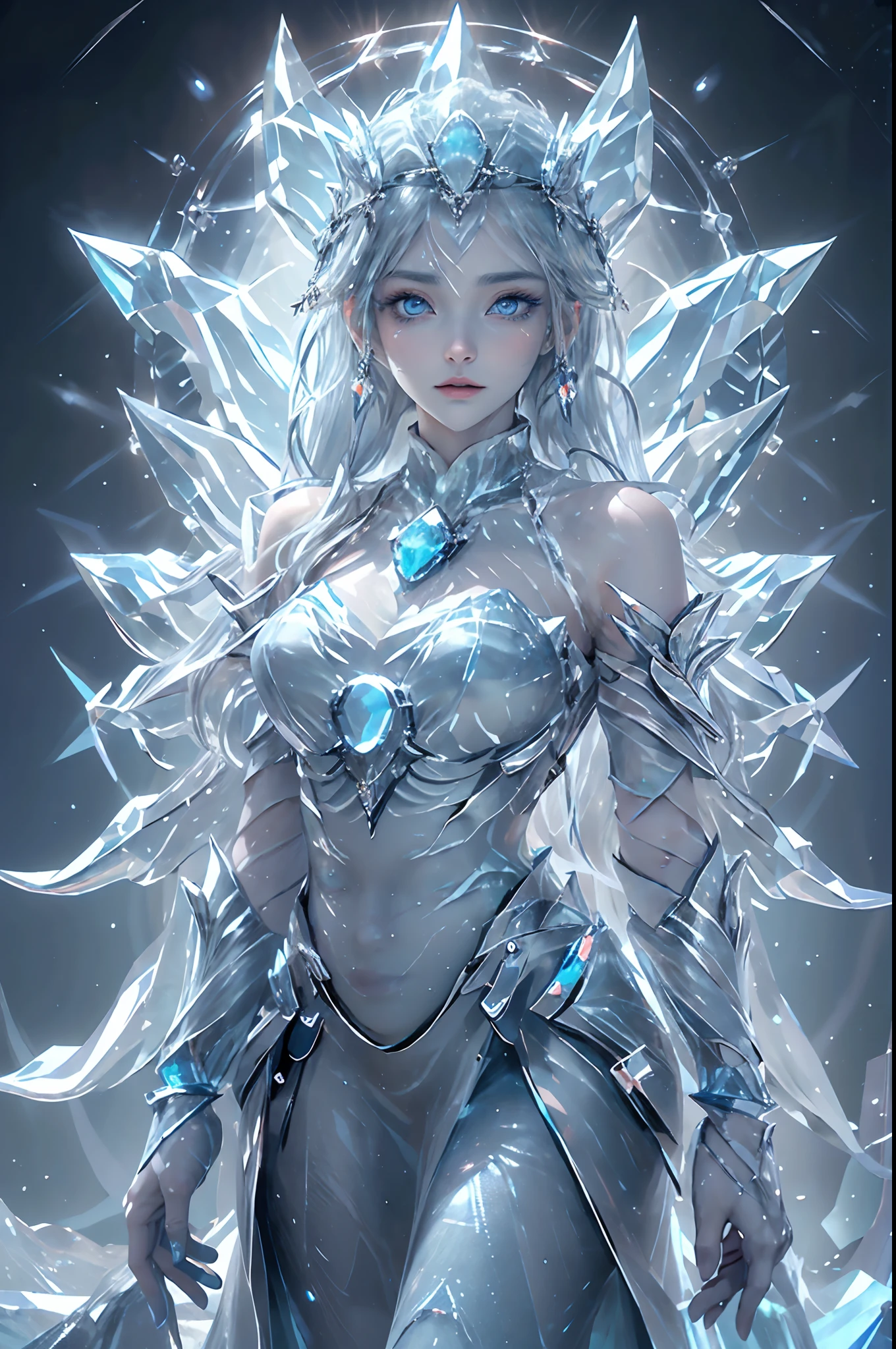 "(傑作, 最高品質, 映画照明), (非常に詳細な CG Unity 16K 壁紙), 一人で, 1人, 氷の女神, (細部まで精巧に描かれた真円対称の目), (暗闇の中で氷のように青く光る目:1.8), (内側から強いサファイアの光を放つ深い青い瞳:1.7), 生物発光. 彼女の目が焦点だ, 古代の霜と凍った王国の物語を語る. 彫りの深い特徴, 霜で覆われた繊細な顔, 輝く白い髪. 彼女の右手には, 彼女は複雑な氷の笏を振るう, 彼女の左手は強力な呪文を唱えている, 行く手を阻むものすべてを凍らせる. 凛としたエレガンスのオーラを醸し出す, 彼女は映画のような氷の世界に立っています, 漂う雪の結晶とともに, 凍った彫刻, 複雑な氷の模様. 周囲の環境が彼女の力を反映する, 氷河とともに, 浮遊する氷の結晶, 彼女の存在の冷たく純粋な本質を反映している."