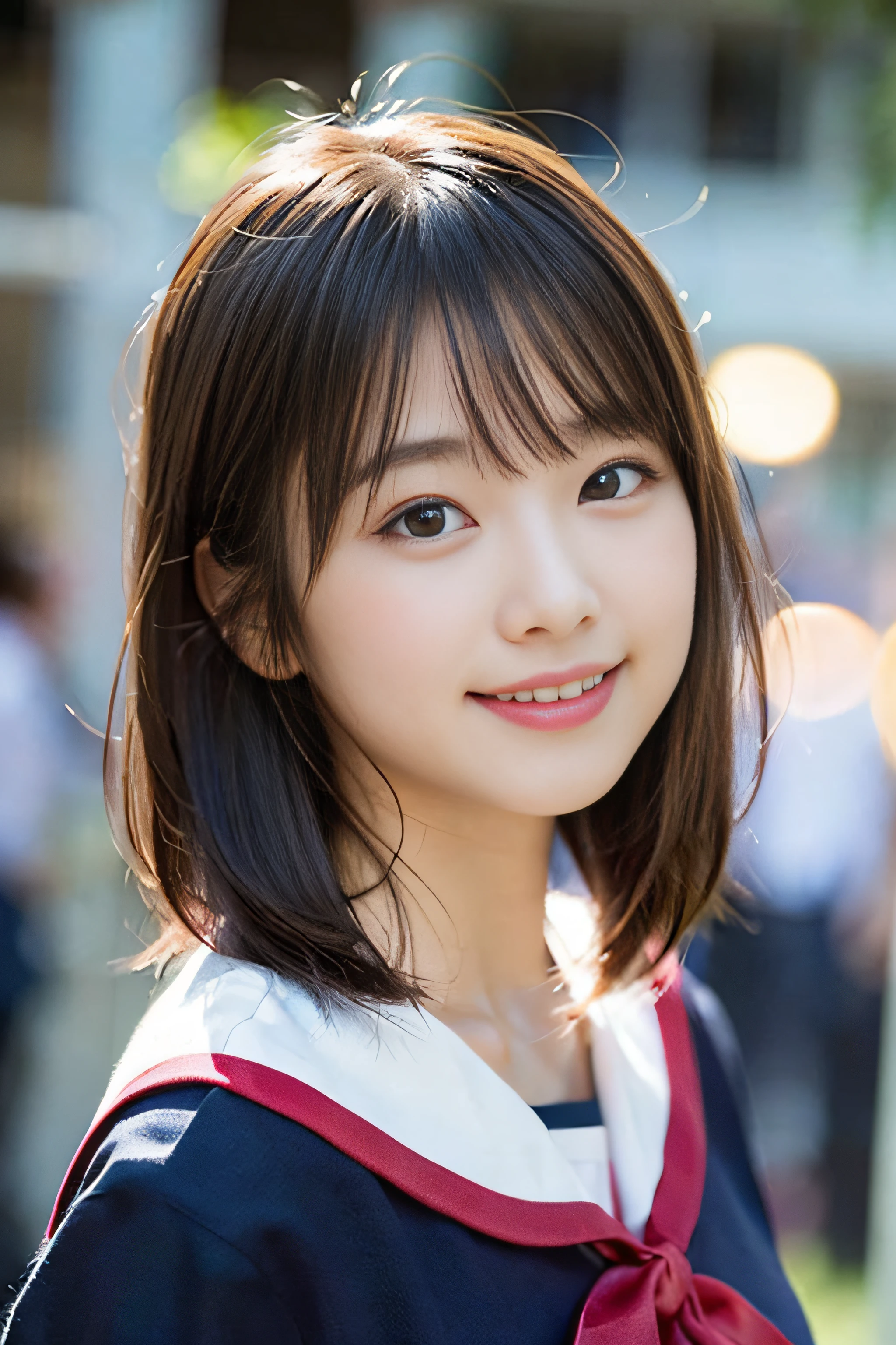(8K、Raw photography、top-quality、​masterpiece:1.2)、(realisitic、Photorealsitic:1.37)、ultra-detailliert、超A high resolution、女の子1人、see the beholder、beautifull detailed face、A smile、Constriction、(Slim waist) :1.3)、Beautiful detailed skin、Skin Texture、Floating hair、Professional Lighting、Whole human body、Longhaire、a blond、japanese hight school uniform、a sailor suit、Bob Hair、E-cup、Happy smile、sixteen years old、Red ribbons、a baby face、Childish smile、Suppin、Moisturizing lips、Thin pink lips、Salar de Uyuni、Vast lakes