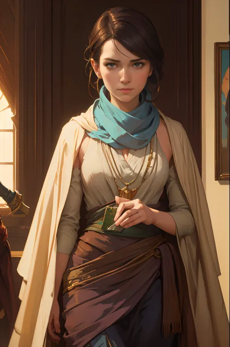 a painting of a woman with a scarf on her neck, craig mullins alphonse mucha, artgerm craig mullins, beautiful character paintin...