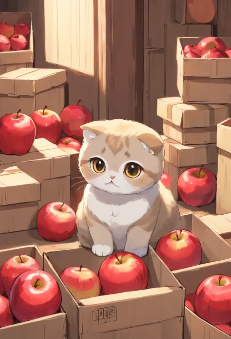 A Scottish Fold cat, Sit among boxes of red apples..