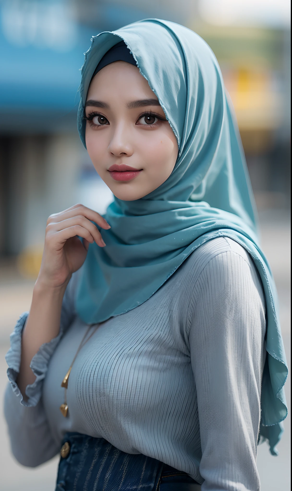 A close up of a woman wearing a blue hijab - SeaArt AI