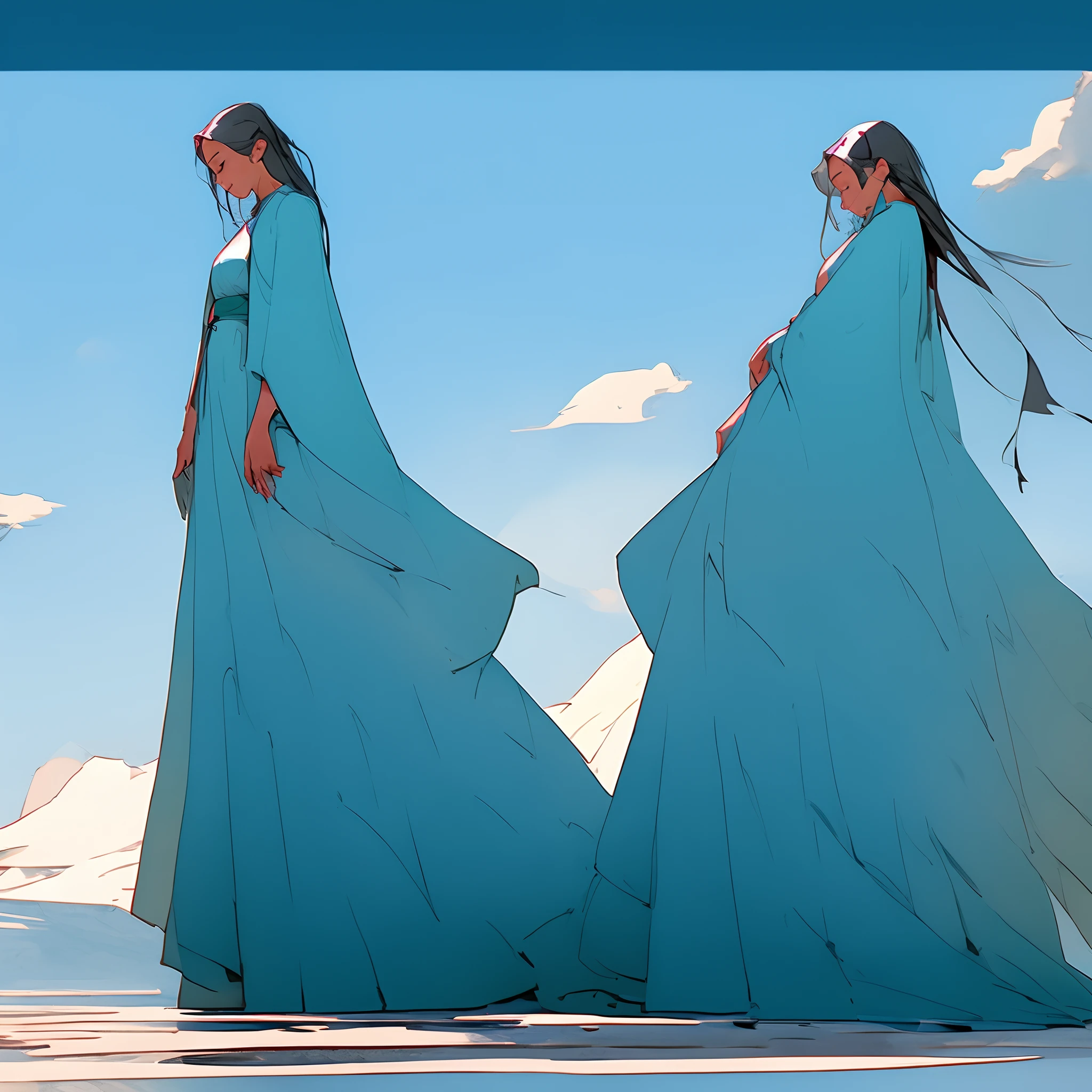 Two women in blue dresses walking on a beach with mountains in the  background - SeaArt AI