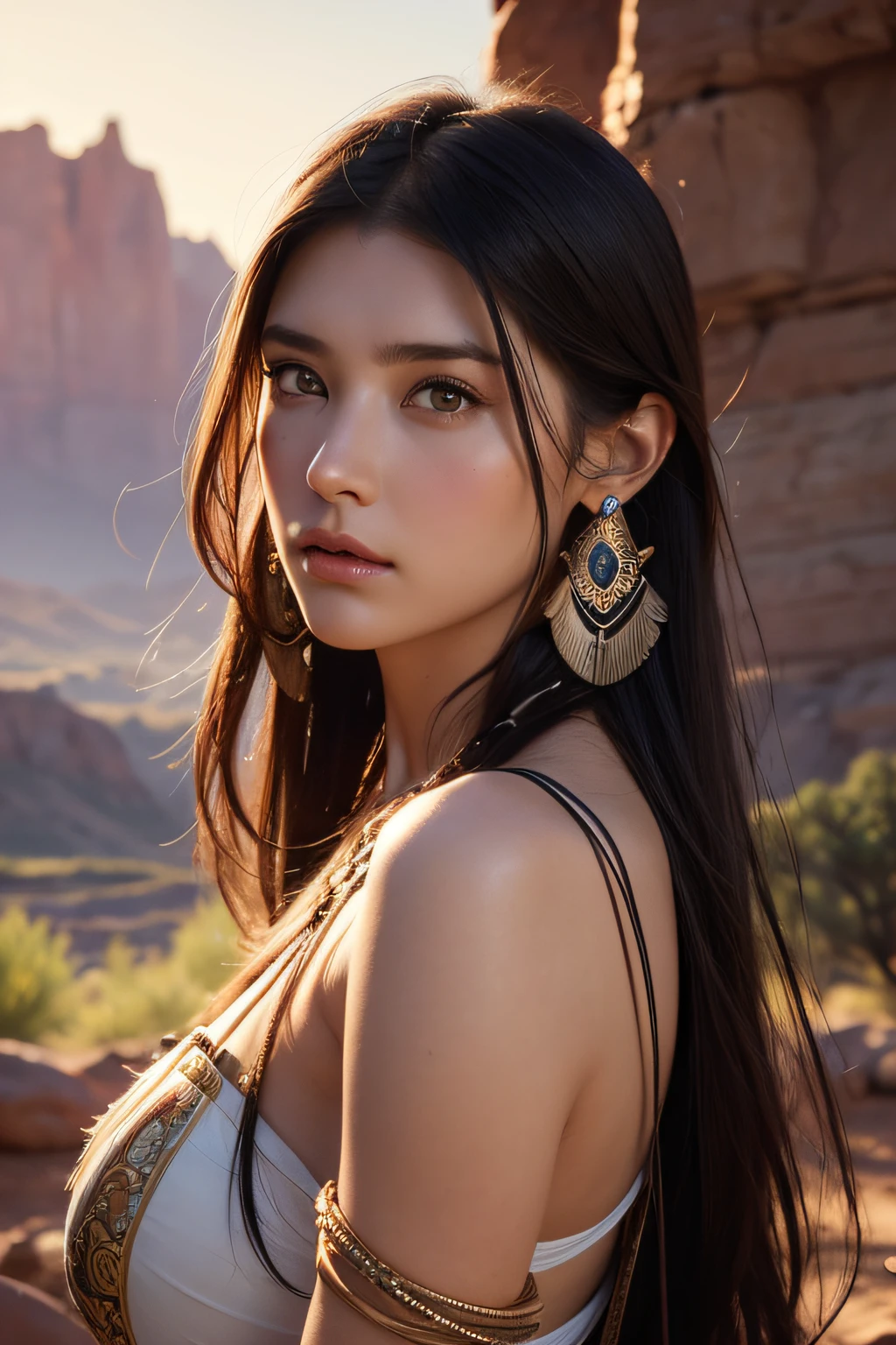 ポカホンタス役のマリー・アヴゲロポウラスのポートレート写真, 若くて美しいネイティブアメリカンの女性, 完璧な対称顔, 先住民族の羽根のジュエリー, 伝統的な手作りドレス, 武装した女性ハンター戦士, (((開拓時代の米国）西部地方))) 環境, ユタ州の風景, 超現実的な, コンセプトアート, エレガント, ((複雑な)), ((非常に詳細な)), 被写界深度, ((専門的に色分けされた)), 柔らかい間接照明, 夕暮れ, 8k, アートジャーム、グレッグ・ルトコウスキー、アルフォンス・ミュシャによるアート