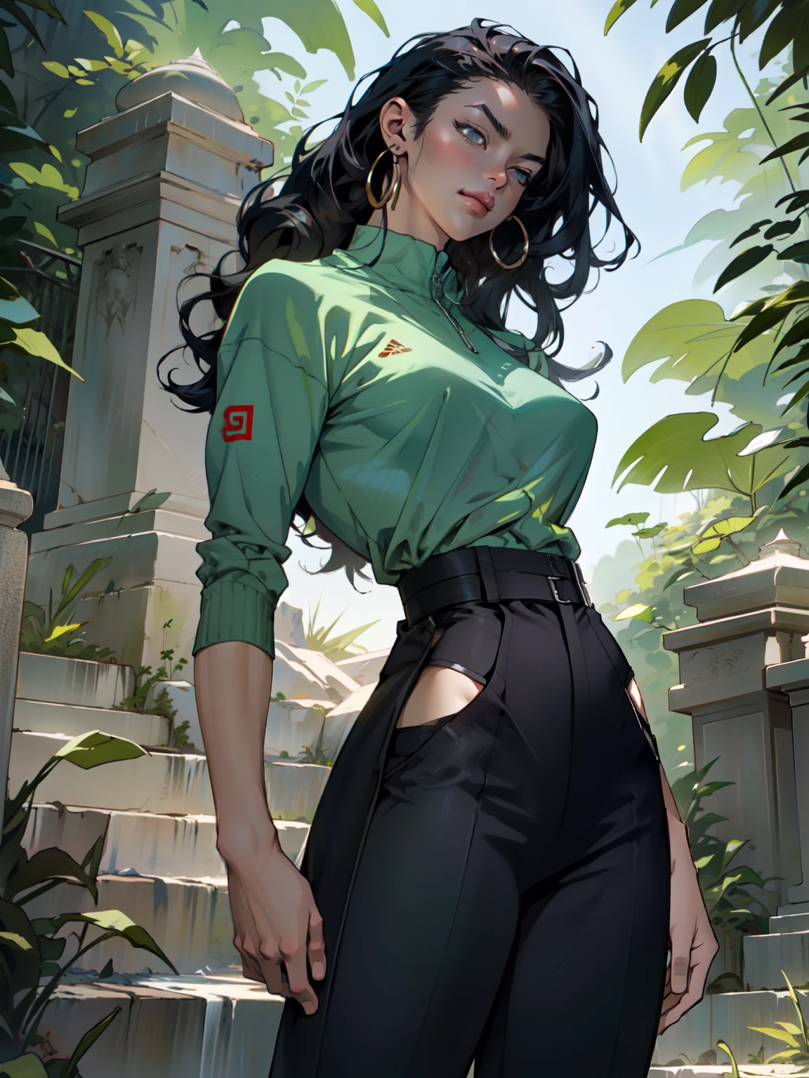 ((Best quality)), ((masterpiece)), ((realistic)), ((beautiful female martial artist)), (milf:1.3), (arrogant woman:1.4) standing tall, her slender form glistening in the golden rays of a summer sunrise. Her eyes, a captivating shade of emerald, pierce through the tranquility of the morning. Her fiery dark blue hair cascades, contrasting with the vibrant green of the surrounding foliage. With each step, her muscular thighs and perfect muscular long legs portray a sense of power and grace. The tranquil scene unfolds, capturing a moment of raw beauty and confidence on eye level, scenic, masterpiece, (bare torso:1.1), abs, (female focus:1.5), very muscular ripped body, ultra sharp, (sexual suggestive)), traditional marcial artist costume, very thin waist, huge hips, fighting pose