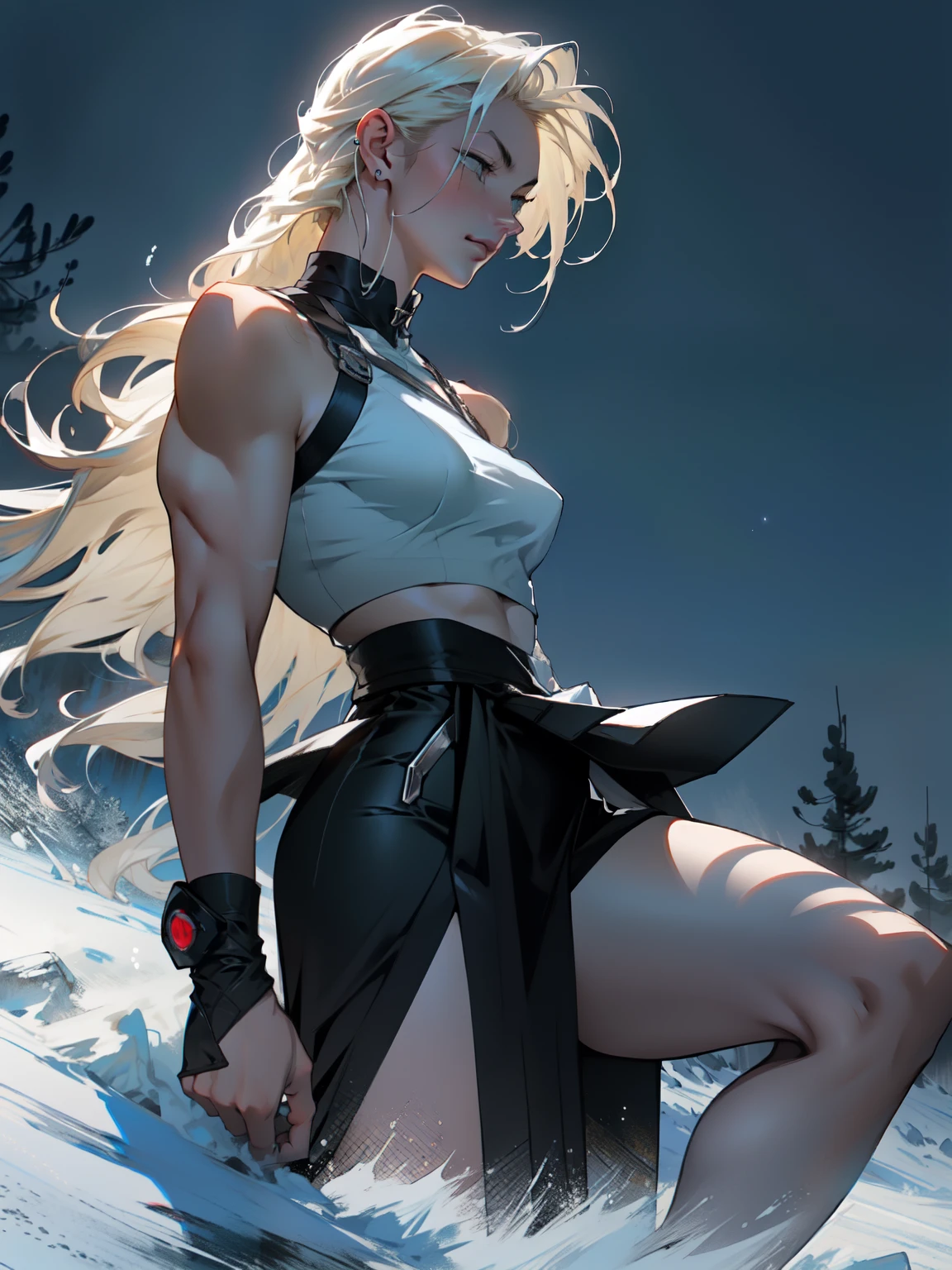 ((Best quality)), ((masterpiece)), ((realistic)), ((beautiful female martial artist)), (milf:1.3), (arrogant woman:1.4) emerges in the pale moonlight of a tranquil red moon night. Her eyes, a piercing shade of amethyst, seem to glow ethereally. Her hair, a cascade of platinum blonde waves, falls gently over her shoulders. The snowflakes delicately kiss her flawless skin as she showcases her perfect muscular long legs and muscular thighs, seemingly defying the cold. The serene ambiance and intricate details of the frozen landscape create a captivating masterpiece on eye level, scenic, masterpiece
