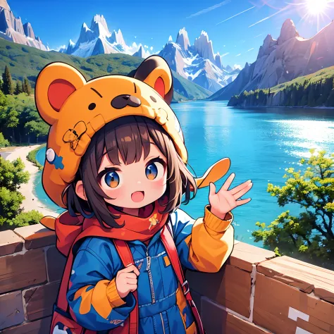 Tourism in Patagonia、Fitz Roy、Kawaii Girl、Patagonia Costumes、happily face、、Brown skin、​masterpiece、top-quality、Top image quality