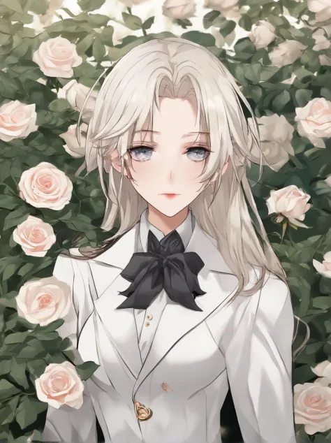 Masterpiece, Highest quality, (solofocus), (Perfect face:1.1), (High detail:1.1), (hyper detail eyes), Dramatic, One has pale skin，A guy with white hair, White eyes, Solo, Long hair, Sephiroth, Moon, Night, white luxury suit, covered navel, pouty lips, fur...