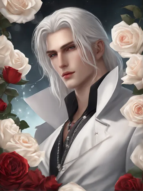 Masterpiece, Highest quality, (solofocus), (Perfect face:1.1), (High detail:1.1), (hyper detail eyes), Dramatic, One has pale skin，A guy with white hair, White eyes, Solo, Long hair, Sephiroth, Moon, Night, white luxury suit, covered navel, pouty lips, fur...