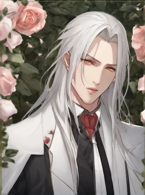 Masterpiece, Highest quality, (solofocus), (Perfect face:1.1), (High detail:1.1), (hyper detail eyes), Dramatic, One has pale skin，A white-haired guy, White eyes, Solo, Long hair, Sephiroth, Moon, Night, white luxury suit, covered navel, pouty lips, fur, A...