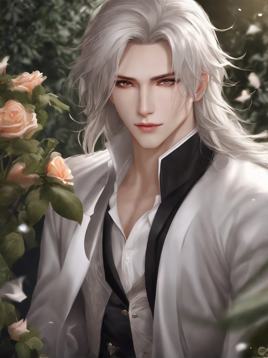 Masterpiece, Highest quality, (solofocus), (Perfect face:1.1), (High detail:1.1), (hyper detail eyes), Dramatic, One has pale skin，A white-haired guy, White eyes, Solo, Long hair, Sephiroth, Moon, Night, white luxury suit, covered navel, pouty lips, fur, Arrogant expression, Rose garden, Detailed background, Art germ, Cinematic lighting, rosette, Fashion, BalenciagaStyle