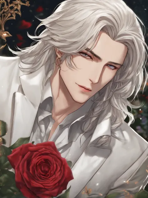 Masterpiece, Highest quality, (solofocus), (Perfect face:1.1), (High detail:1.1), (hyper detail eyes), Dramatic, One has pale skin，A white-haired guy, White eyes, Solo, Long hair, Sephiroth, Moon, Night, white luxury suit, covered navel, pouty lips, fur, A...