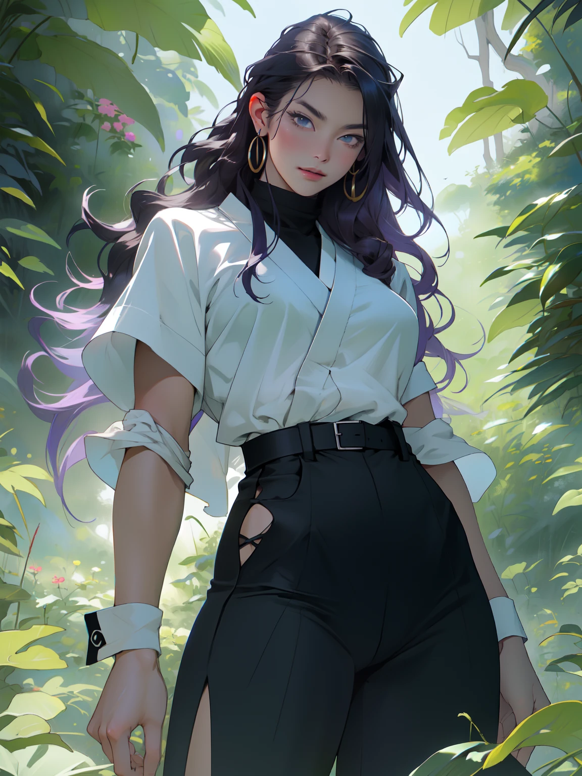 ((Best quality)), ((masterpiece)), ((realistic)), ((beautiful female martial artist)), (milf:1.3), (arrogant woman:1.4) standing tall, her slender form glistening in the golden rays of a summer sunrise. Her eyes, a captivating shade of emerald, pierce through the tranquility of the morning. Her fiery purple hair cascades, contrasting with the vibrant green of the surrounding foliage. With each step, her muscular thighs and perfect muscular long legs portray a sense of power and grace. The tranquil scene unfolds, capturing a moment of raw beauty and confidence on eye level, scenic, masterpiece,, abs, ((female focus:1.5)), very muscular ripped body, ultra sharp, (sexual suggestive)), traditional marcial korean costume, very thin waist, huge hips, fighting pose