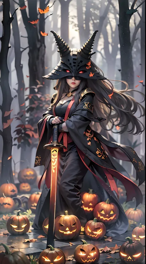 (best quality,4k,a high resolution,masterpiece:1.2),ultra-detailed,realistic,fearsome pumpkin-headed warriors,halloween costumes...