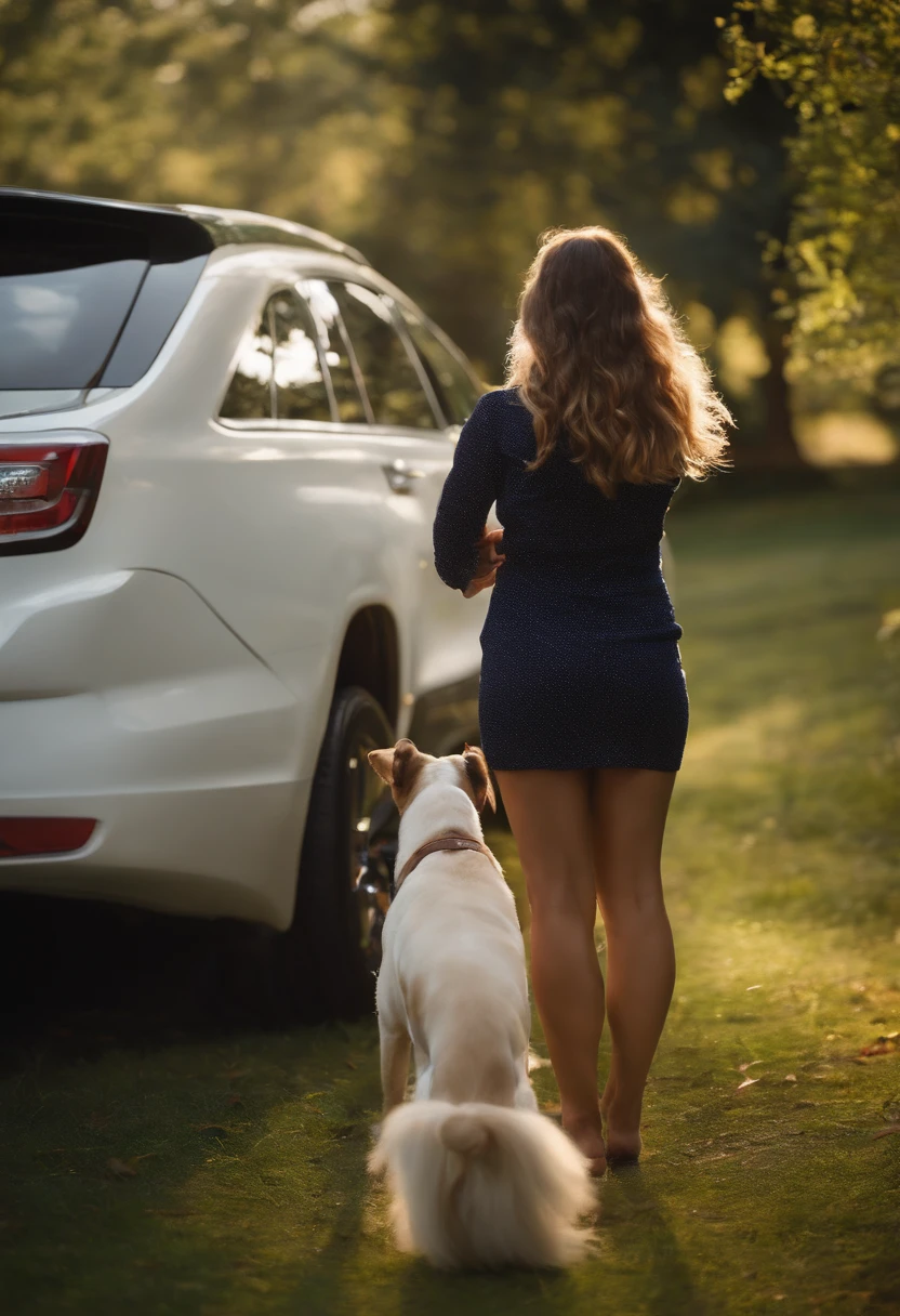 Araffe passeando com um cachorro na grama ao lado de um carro - SeaArt AI