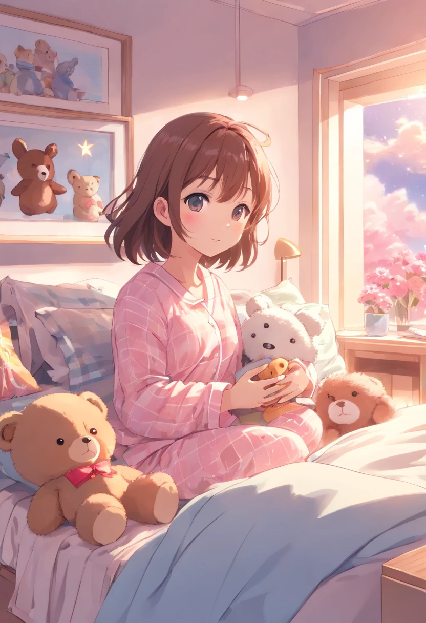 Dressed in cute pajamaluffy 2 year old bed、Pink and pastel colors