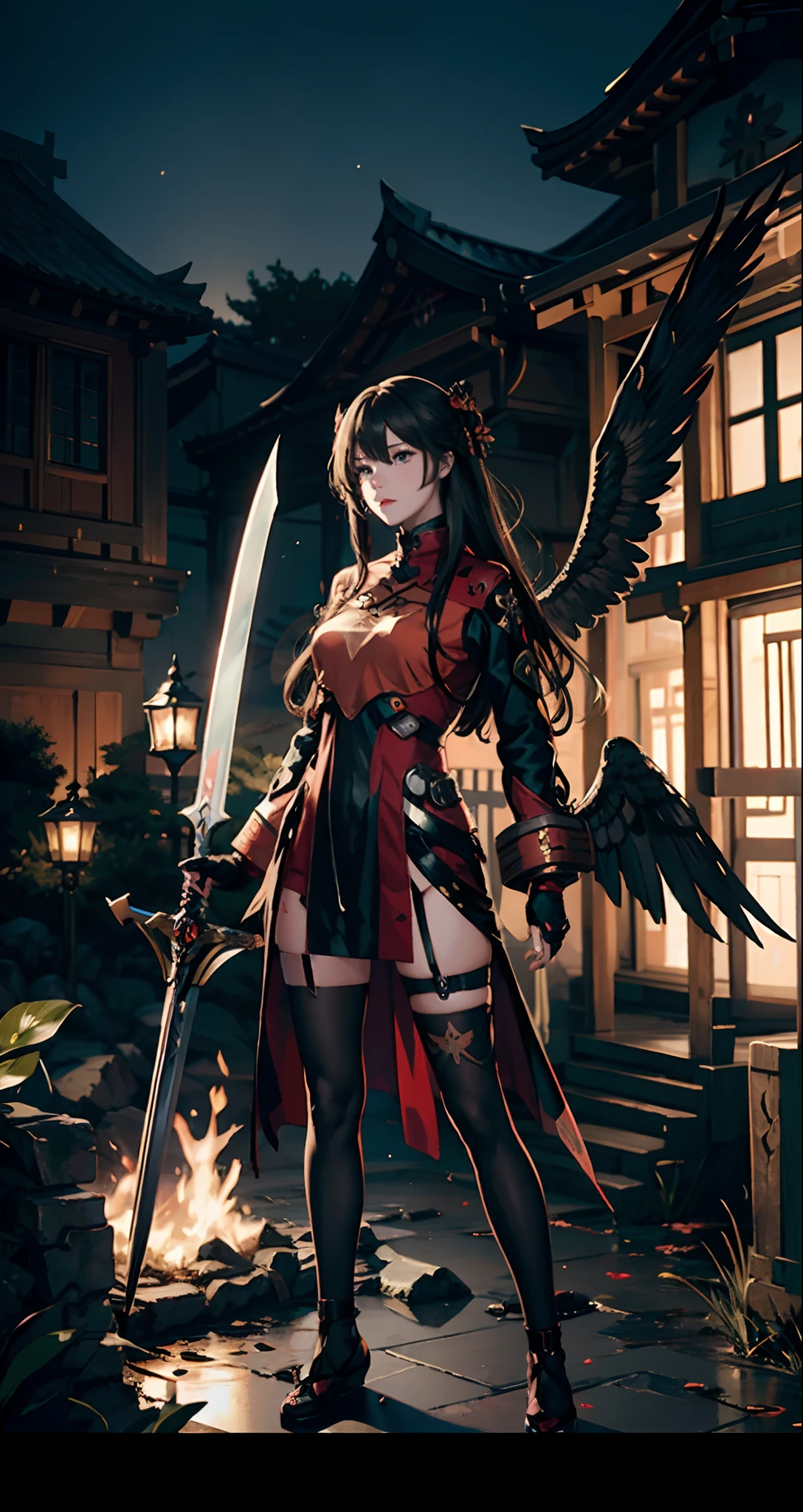 girl with a sword and wings in a outdoor area, Halloween them, masterpiece goddess of sorrow, fine details. girls frontline, cushart krenz key art feminine, from girls frontline, shalltear bloodfallen, full body xianxia, characters from azur lane, black - haired mage, ayaka genshin impact, albedo from overlord, anime goddess