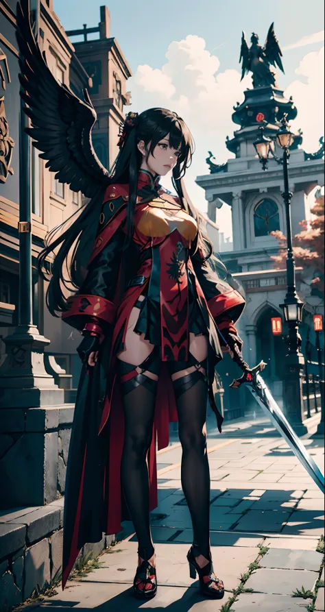 girl with a sword and wings in a outdoor area, halloween them, masterpiece goddess of sorrow, fine details. girls frontline, cus...