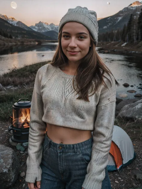 1 young woman((upper body selfie, happy)), masterpiece, best quality, ultra-detailed, solo, outdoors, (night), mountains, nature, (stars, moon) cheerful, happy, backpack, sleeping bag, camping stove, water bottle, mountain boots, gloves, sweater, hat, ((mi...