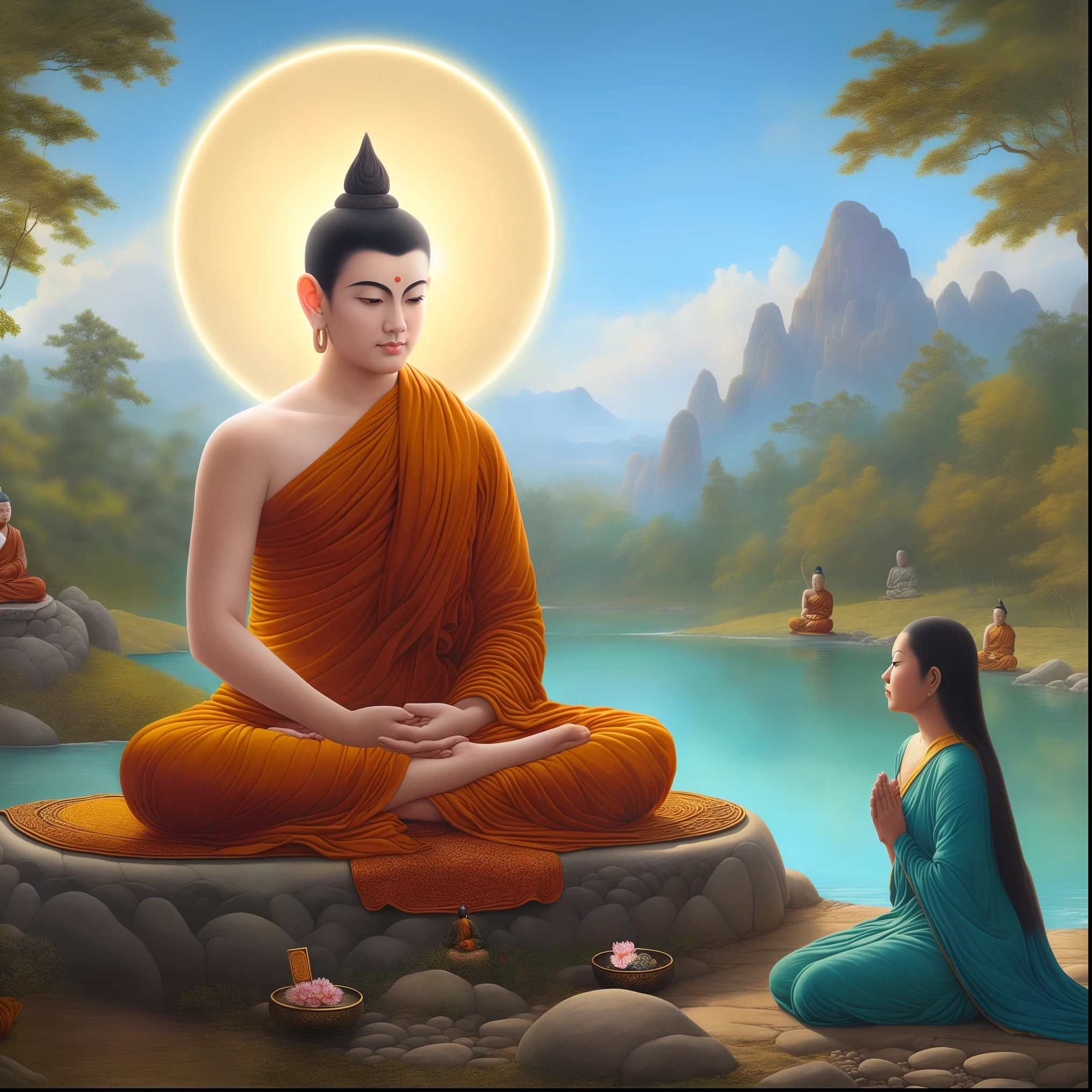 Buddha sitting on a rock with a woman sitting beside him - SeaArt AI