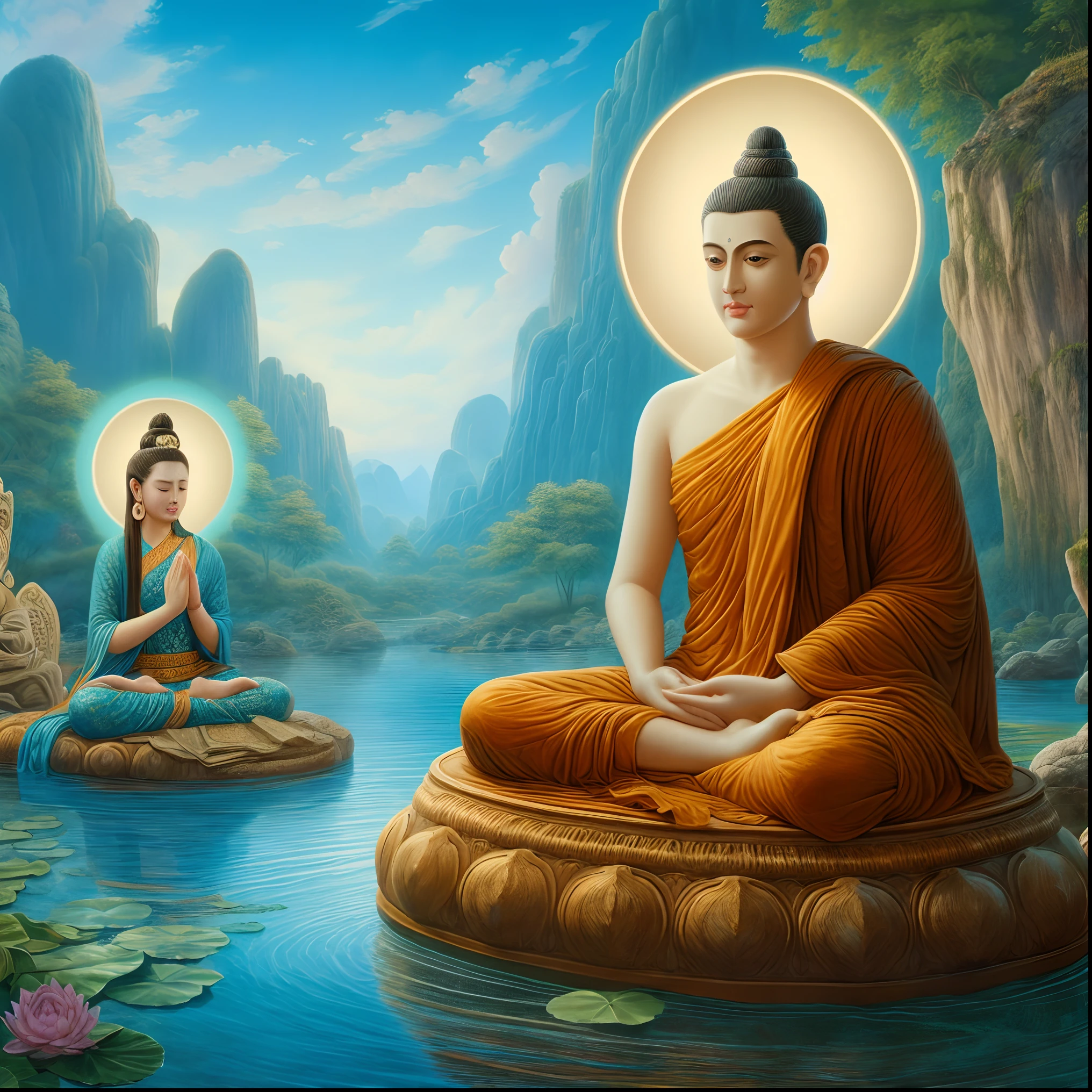 Buddhas sitting on a rock in a river with lotuses - SeaArt AI