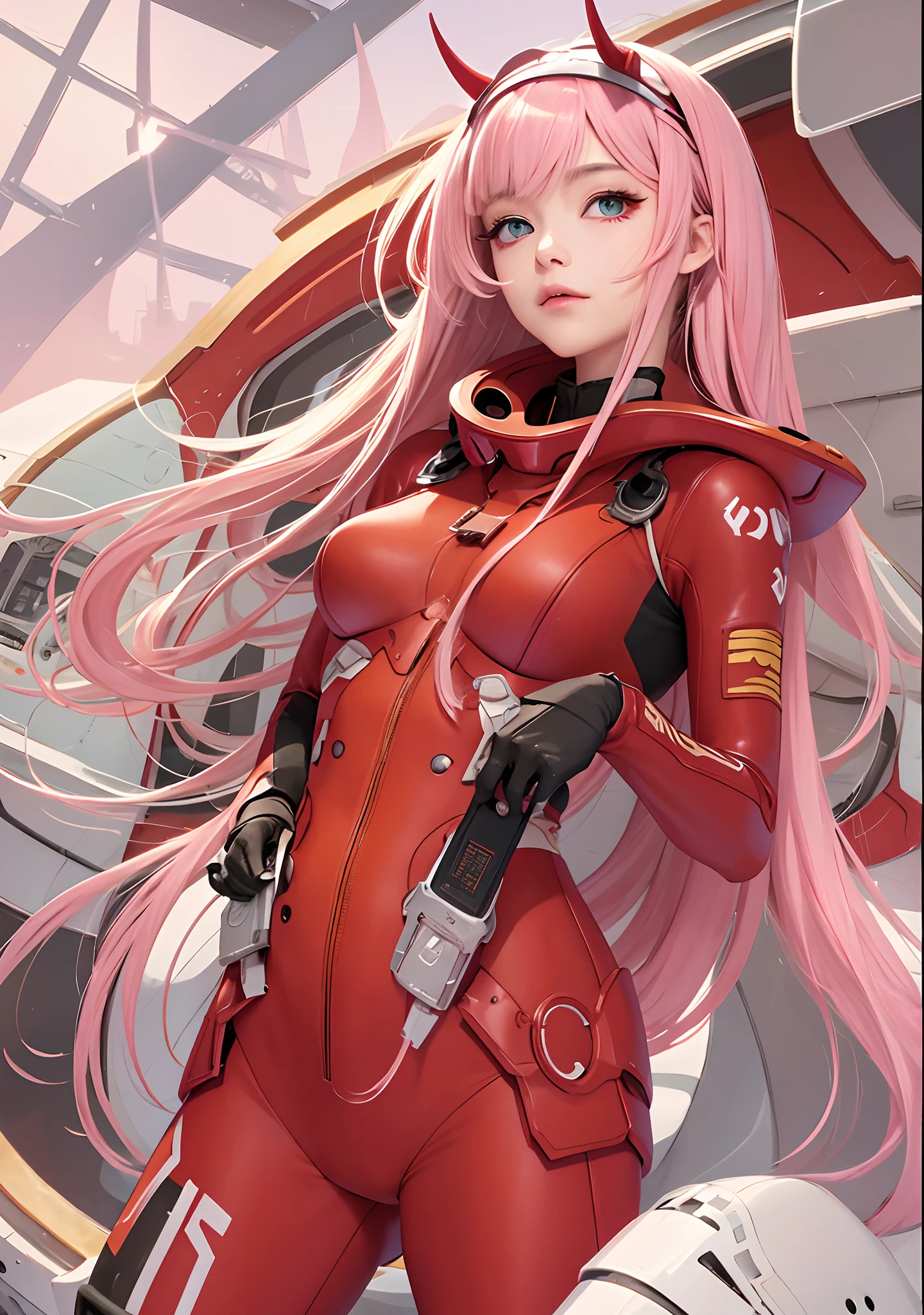 Masterpiece, top quality, best quality, official art, beautiful and aesthetic, anime, 1girl, Zero Two, extremely detailed, colorful, more detailed ((ultra-detailed)), (highly detailed CG illustration), solo, pink hair, pair of horns, verd s eyes, long hair, (focus on character), pilot outfit, red bodysuit with white details, science fiction, blood