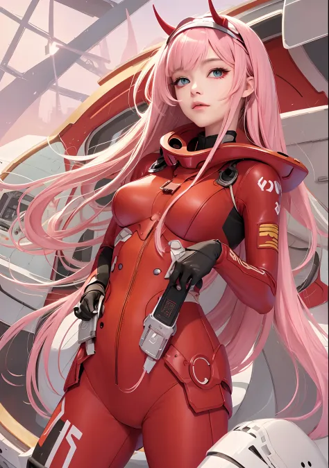 Masterpiece, top quality, best quality, official art, beautiful and aesthetic, anime, 1girl, Zero Two, extremely detailed, color...
