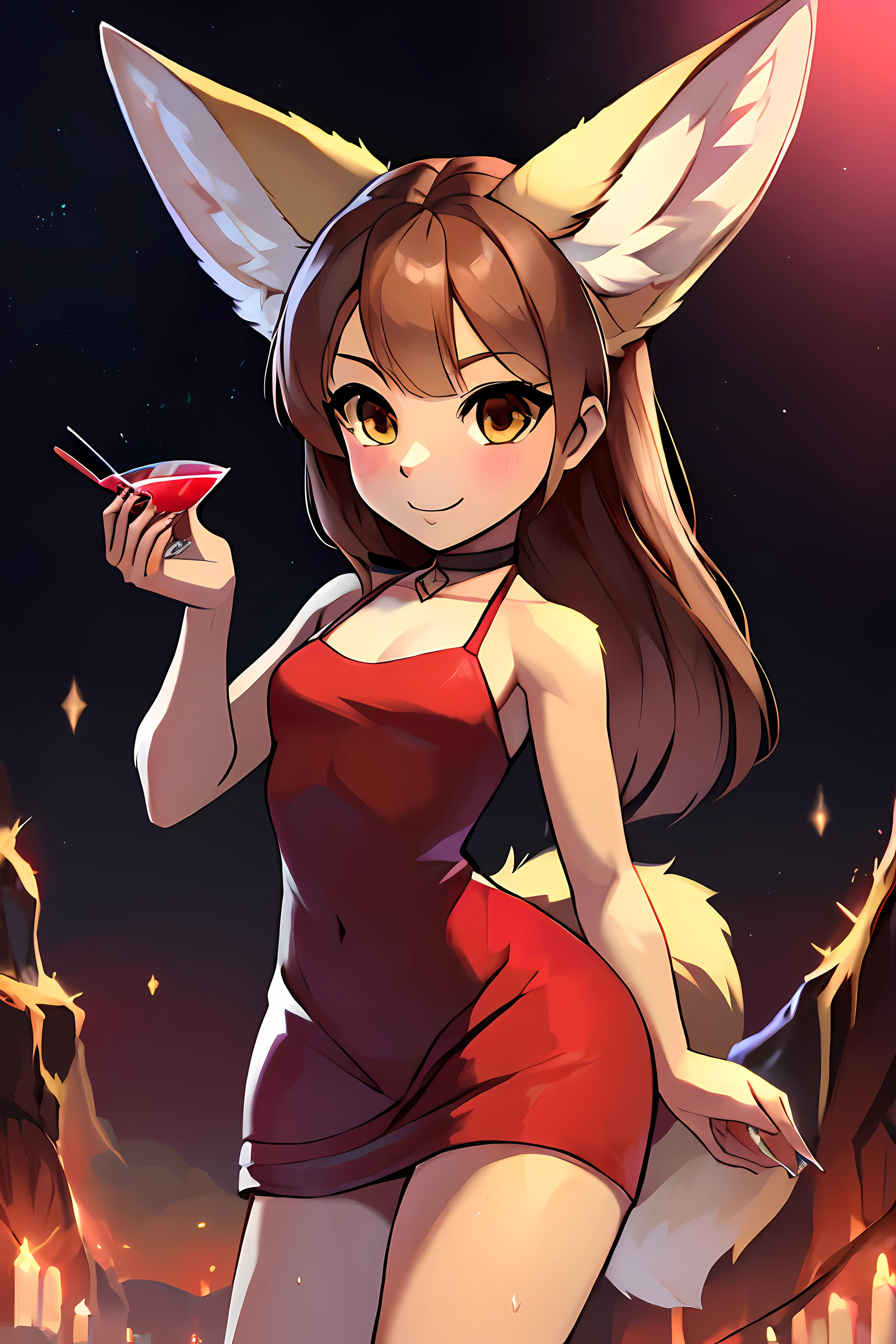 (a small female humanoid fennec fox with light brown hair and yellow fur), wearing a red cocktail dress, holding a engagement ring